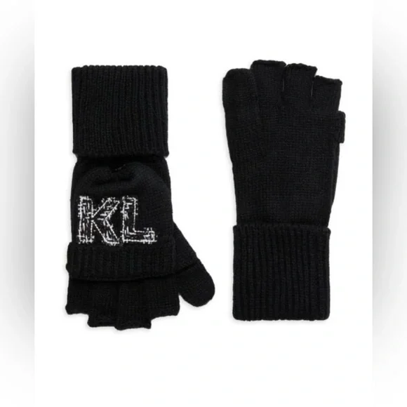 KARL LAGERFELD PARIS Logo Knit Fip Top Mittens NWT - Picture 1 of 5